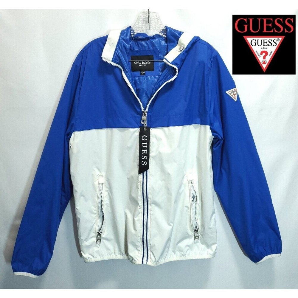 Guess Cobalt Blue Hooded Nylon Windbreaker Jacket Small Full Zip $149